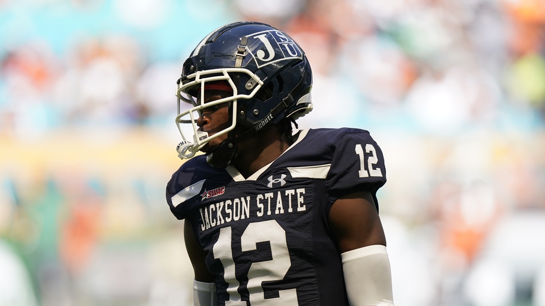 Jackson State cornerback Travis Hunter (12) lines up during the first half of the Orange Blossom Classic NCAA college football game against Florida A&M, Sunday, Sept. 4, 2022, in Miami Gardens, Fla.