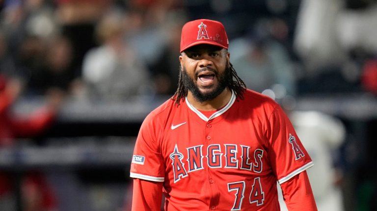 Los Angeles Angels pitcher Kenley Jansen (74) reacts after closing out the Tampa Bay Rays during the ninth inning of a baseball game Tuesday, April 8, 2025, in Tampa, Fla. (AP Photo/Chris O'Meara)