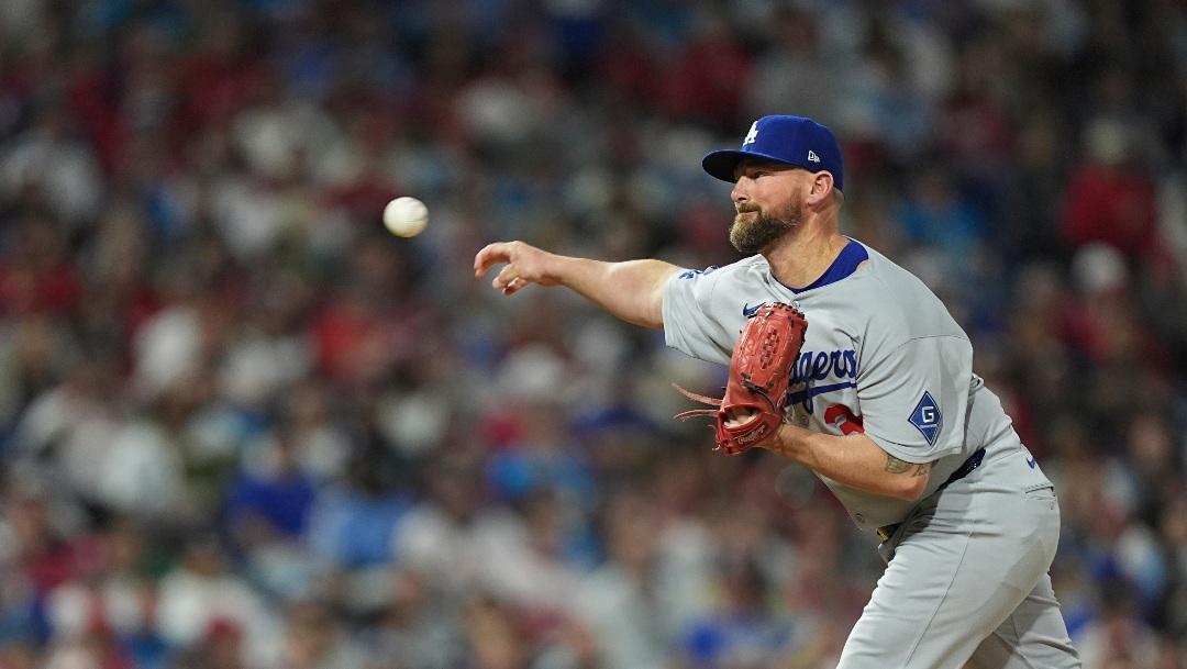 Los Angeles Dodgers pitcher Kirby Yates in action during a baseball game, Friday, April 4, 2025, in Philadelphia. (AP Photo/Matt Rourke)