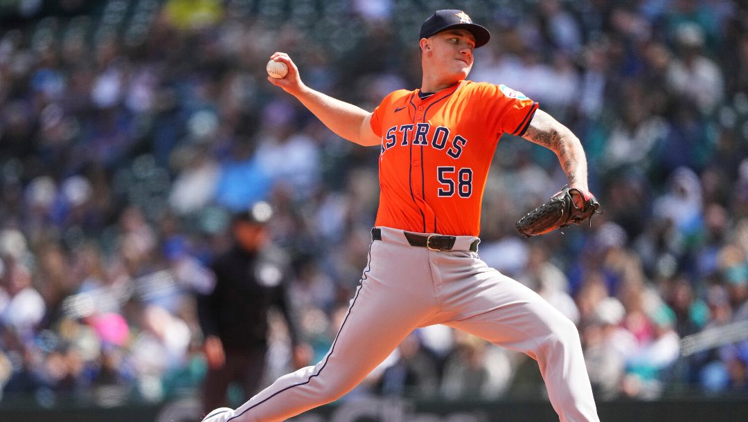 Houston Astros starting pitcher Hunter Brown throws against the Seattle Mariners during the second inning of a baseball game Wednesday, April 9, 2025, in Seattle.