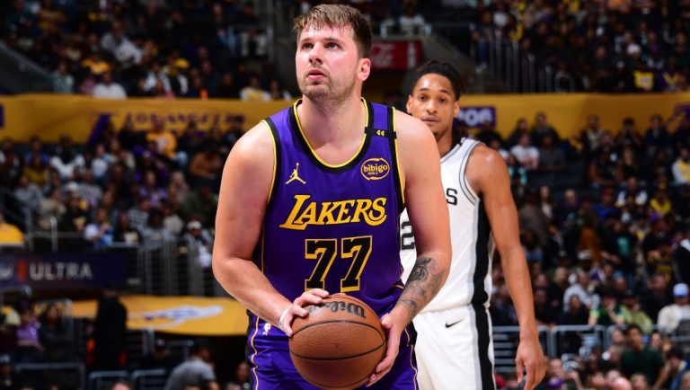 Luka Doncic #77 of the Los Angeles Lakers shoots a free throw during the game against the Los Angeles Lakers on March 17, 2025 at Crypto.Com Arena in Los Angeles, California.