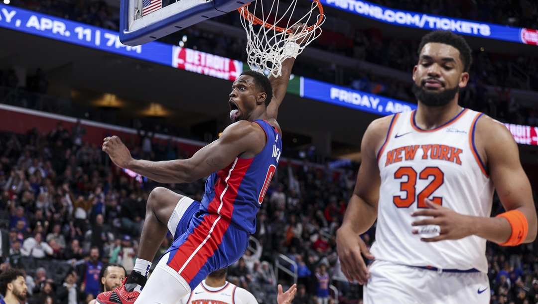 DETROIT, MICHIGAN - APRIL 10: Jalen Duren #0 of the Detroit Pistons reacts after a dunk during the fourth quarter of a game against the New York Knicks at Little Caesars Arena on April 10, 2025 in Detroit, Michigan.