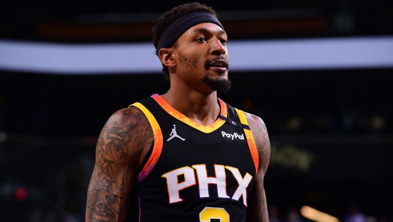PHOENIX, AZ - APRIL 9: Bradley Beal #3 of the Phoenix Suns looks on during the game against the Oklahoma City Thunder on April 9, 2025 at PHX Arena in Phoenix, Arizona.