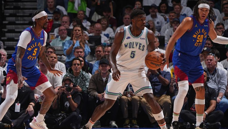 MINNEAPOLIS, MN - MAY 16: Anthony Edwards #5 of the Minnesota Timberwolves dribbles the ball during the game against the Denver Nuggets during Round 2 Game 6 of the 2024 NBA Playoffs on May 16, 2024 at Target Center in Minneapolis, Minnesota.