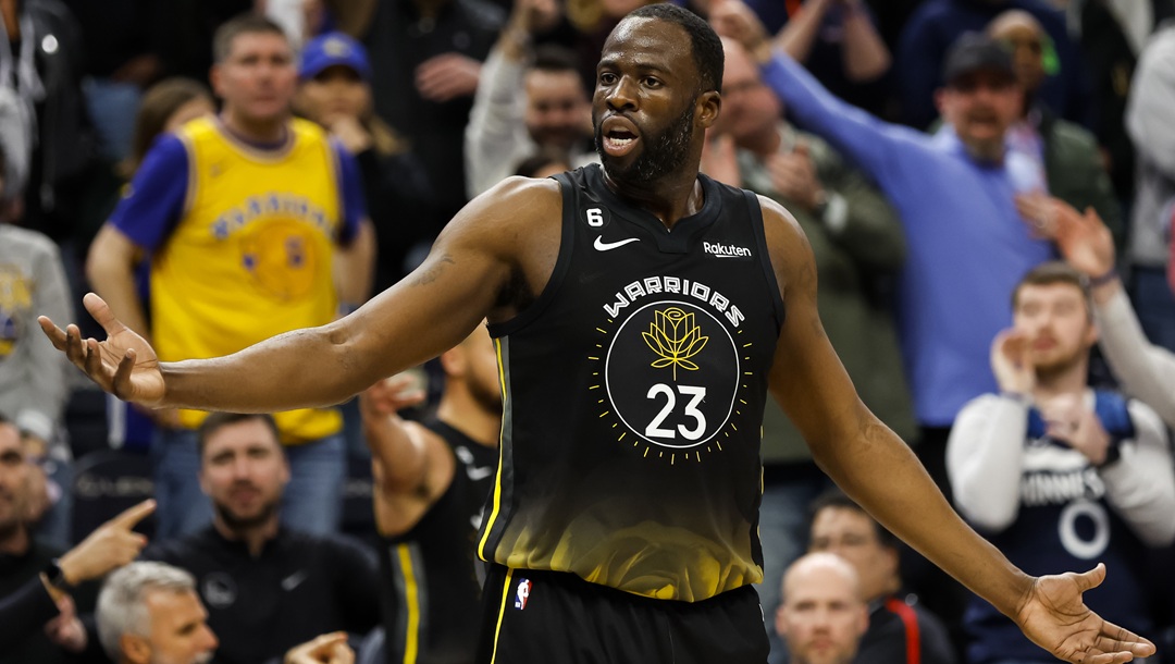 MINNEAPOLIS, MN - FEBRUARY 01: Draymond Green #23 of the Golden State Warriors reacts to his foul against the Minnesota Timberwolves in the fourth quarter of the game at Target Center on February 01, 2023 in Minneapolis, Minnesota. The Timberwolves defeated the Warriors 119-114 in overtime.