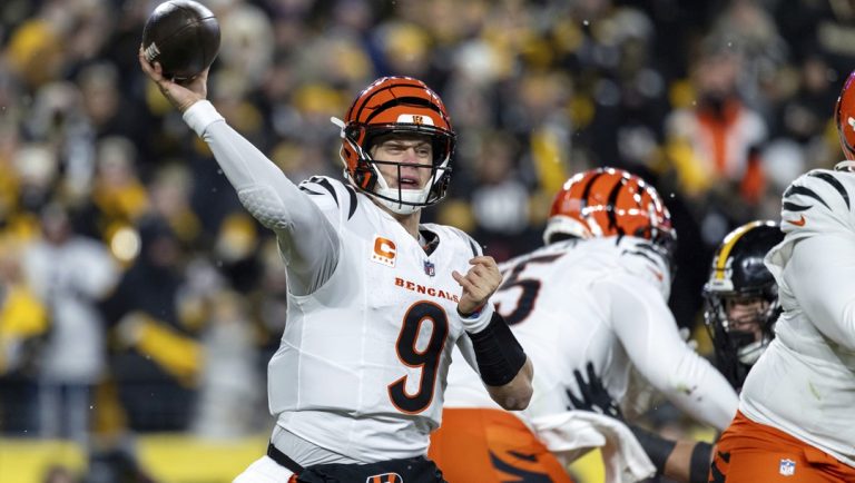 Cincinnati Bengals quarterback Joe Burrow (9) throws a pass during an NFL football game, Saturday, Jan. 4, 2025, in Pittsburgh.