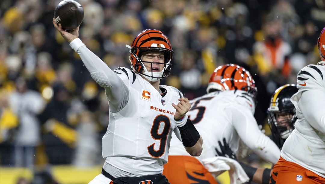 Cincinnati Bengals quarterback Joe Burrow (9) throws a pass during an NFL football game, Saturday, Jan. 4, 2025, in Pittsburgh.