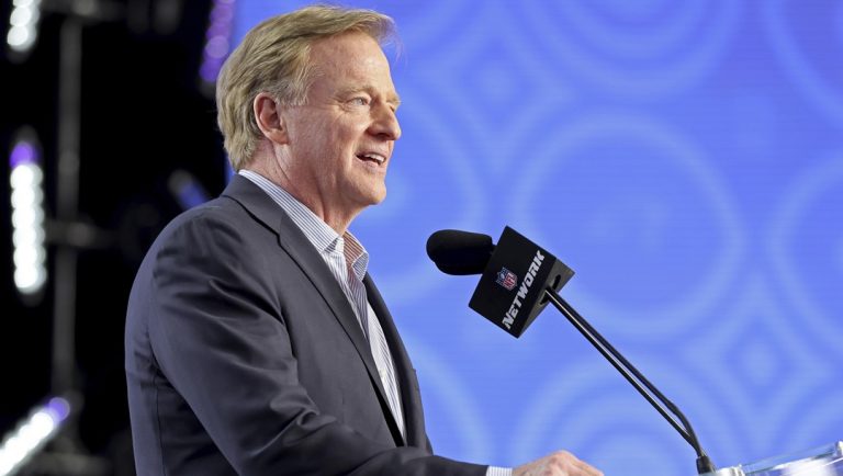 NFL Commissioner Roger Goodell announces a pick during the first round of the 2022 NFL Draft on Thursday, April, 28, 2022 in Las Vegas. Jon Gruden lost a Nevada Supreme Court appeal on Tuesday, May 14, 2024, in a contract interference and conspiracy lawsuit he filed against the league after he resigned from the Las Vegas Raiders in 2021.