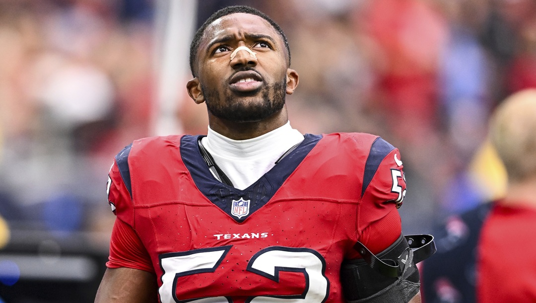 Houston Texans defensive end Jonathan Greenard walks on the sideline during an NFL football game against the Jacksonville Jaguars, Nov. 26, 2023, in Houston. The Minnesota Vikings said goodbye to quarterback Kirk Cousins and quickly began building up their depleted defense as the free agent negotiation window opened Monday, March 11, 2024, agreeing to contracts with edge rushers Jonathan Greenard and Andrew Van Ginkel and inside linebacker Blake Cashman.