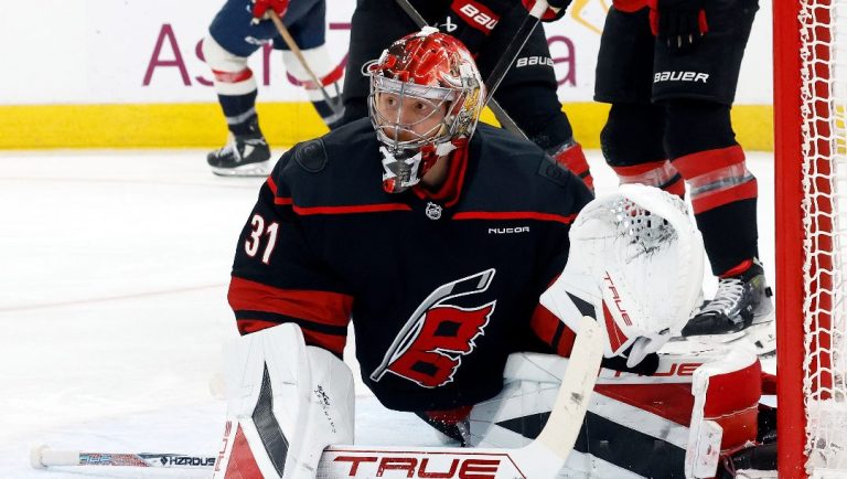 Carolina Hurricanes goaltender Frederik Andersen (31) watches the puck against the Washington Capitals during the third period of Game 3 of an NHL hockey Semi-final round playoff series in Raleigh, N.C., Saturday, May 10, 2025.
