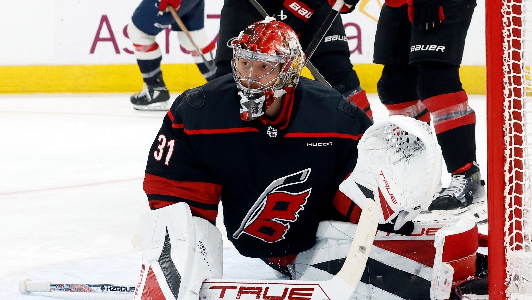 Carolina Hurricanes goaltender Frederik Andersen (31) watches the puck against the Washington Capitals during the third period of Game 3 of an NHL hockey Semi-final round playoff series in Raleigh, N.C., Saturday, May 10, 2025.