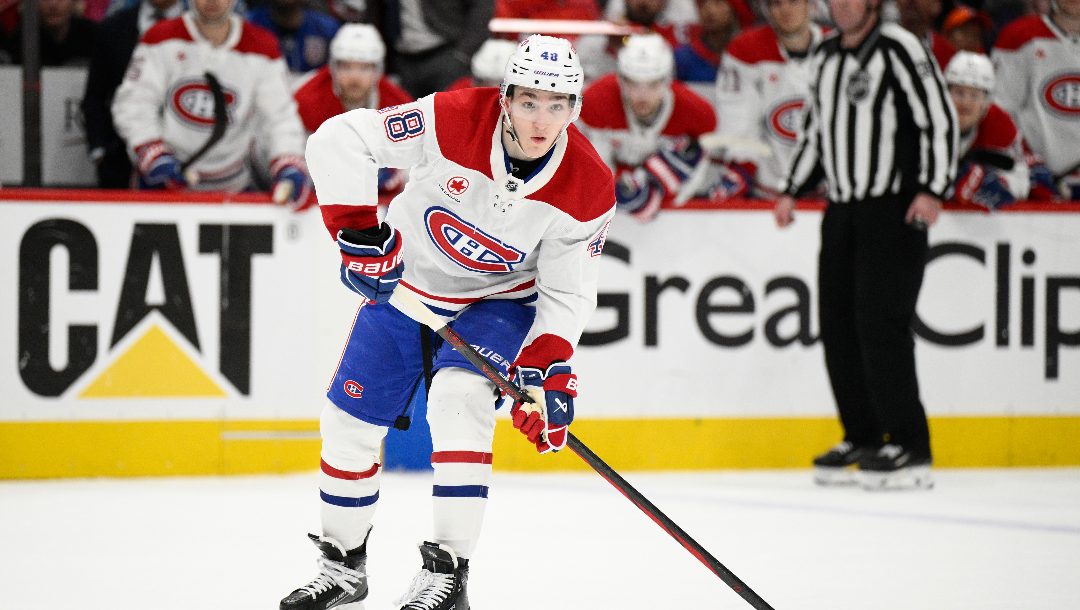 Montreal Canadiens defenseman Lane Hutson (48) in action in the second period of Game 2 of a first-round NHL hockey playoff series against the Washington Capitals Wednesday, April 23, 2025, in Washington.