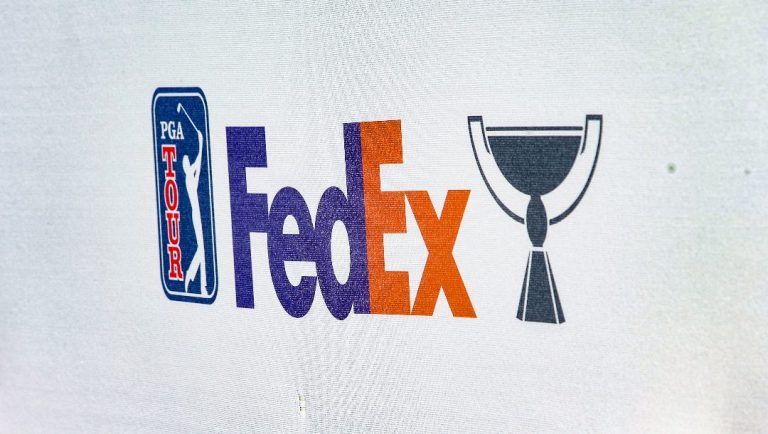 Banner reads "FedEx," with the PGA Tour logo during the final final round of the RSM Classic golf tournament, Sunday, Nov. 24, 2024, in St. Simons Island, Ga.