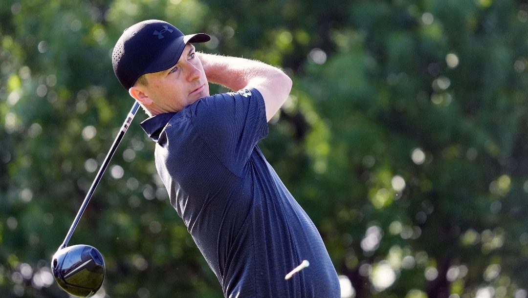 Jordan Spieth hits from the 10th tee during the first round of the Byron Nelson golf tournament in McKinney, Texas, Thursday, May 2, 2024.