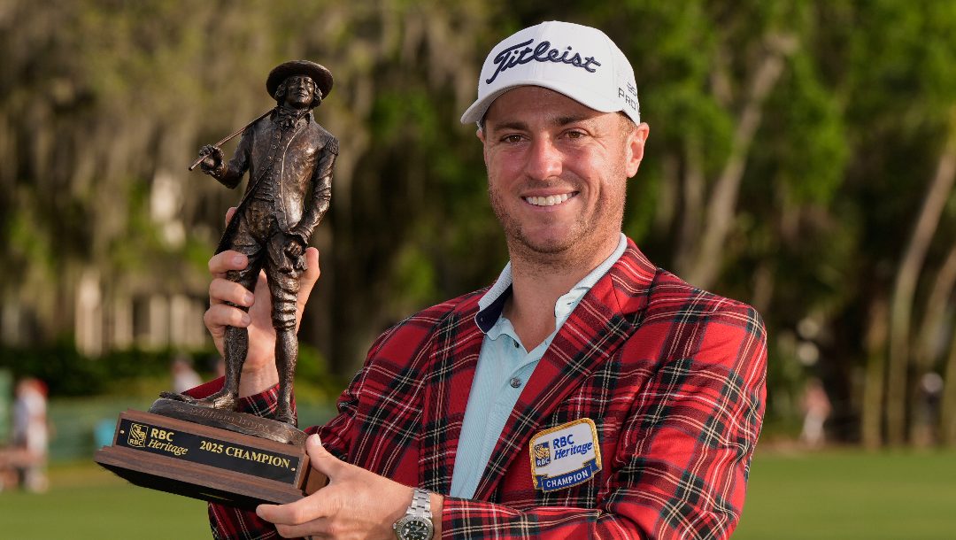 Justin Thomas poses with the trophy after winning the RBC Heritage golf tournament, Sunday, April 20, 2025, in Hilton Head Island, S.C.
