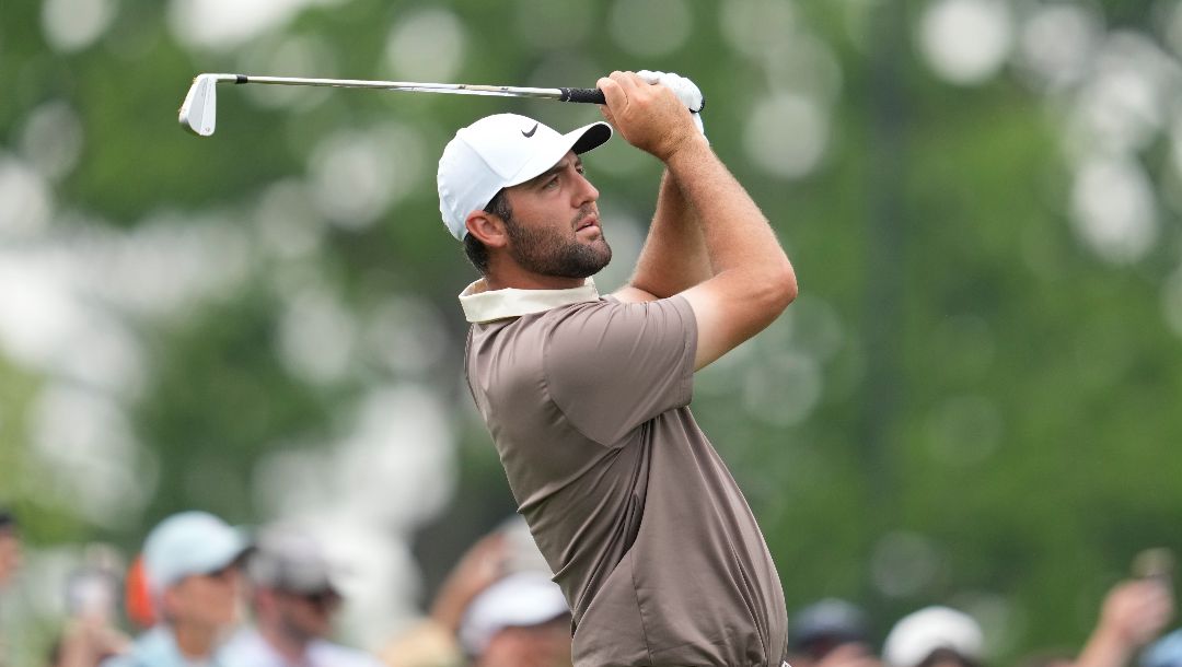 Scottie Scheffler hits from the second tee during the final round of the Houston Open golf tournament in Houston, Sunday, March 30, 2025.