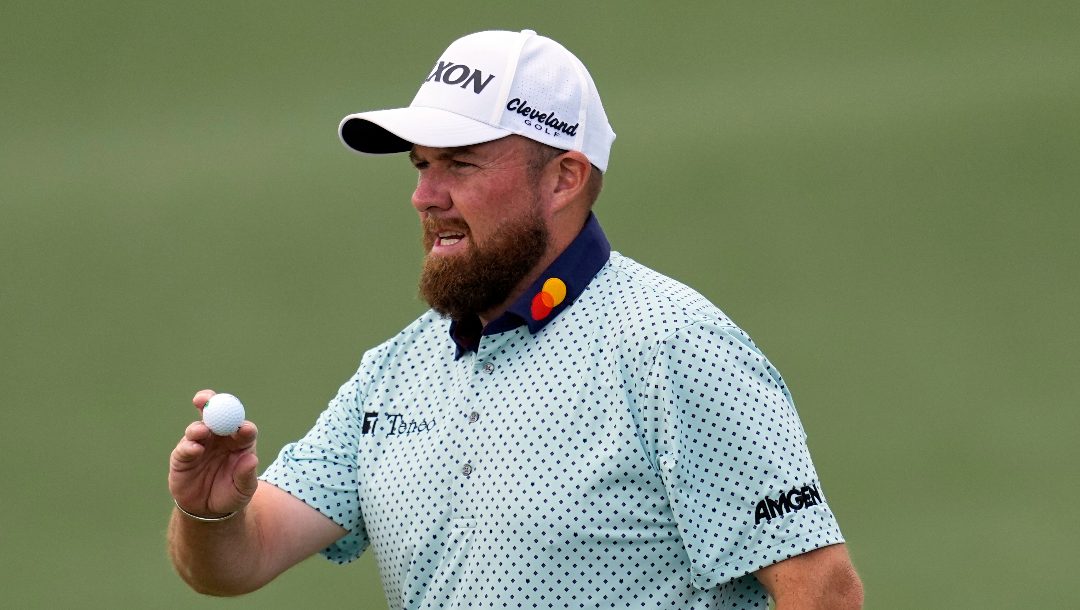 Shane Lowry, of Ireland, celebrates after a birdie on the second hole during the third round at the Masters golf tournament, Saturday, April 12, 2025, in Augusta, Ga.