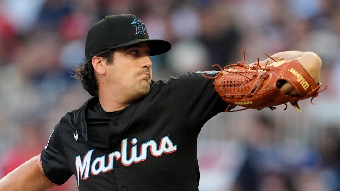 Miami Marlins pitcher Cal Quantrill (47) works from the mound against the Atlanta Braves in the first inning of a baseball game, Saturday, April 5, 2025, in Atlanta. (AP Photo/Mike Stewart)