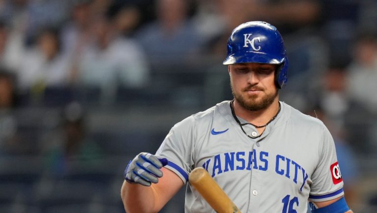 Kansas City Royals' Hunter Renfroe reacts after striking out during the first inning of a baseball game against the New York Yankees at Yankee Stadium, Tuesday, Sept. 10, 2024, in New York. (AP Photo/Seth Wenig)