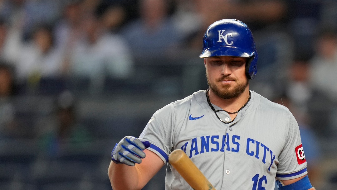 Kansas City Royals' Hunter Renfroe reacts after striking out during the first inning of a baseball game against the New York Yankees at Yankee Stadium, Tuesday, Sept. 10, 2024, in New York. (AP Photo/Seth Wenig)