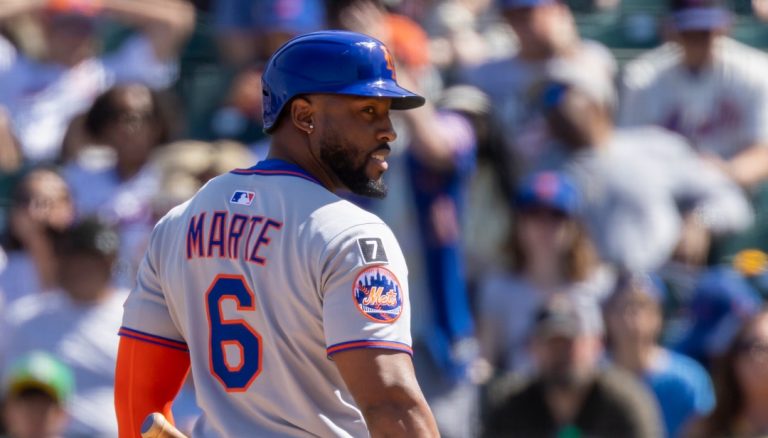 New York Mets' Starling Marte (6) looks back after striking out in the sixth inning of a baseball game against the Athletics, Saturday, April 12, 2025, in West Sacramento, Calif. (AP Photo/Sara Nevis)