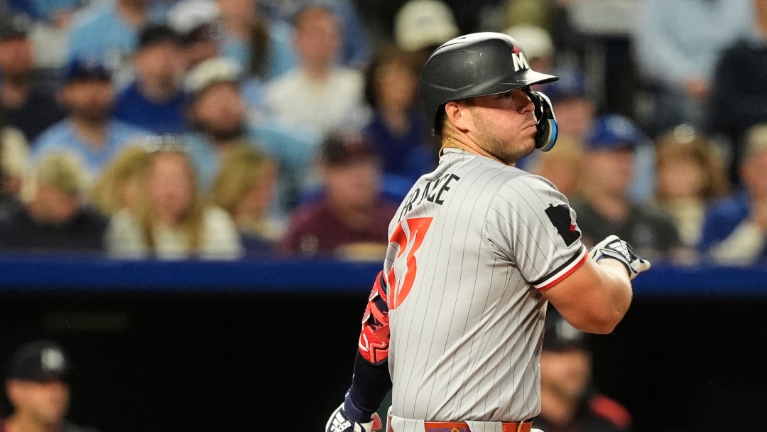 Minnesota Twins' Ty France watches his RBI single during the sixth inning of a baseball game against the Kansas City Royals, Wednesday, April 9, 2025, in Kansas City, Mo. (AP Photo/Charlie Riedel)