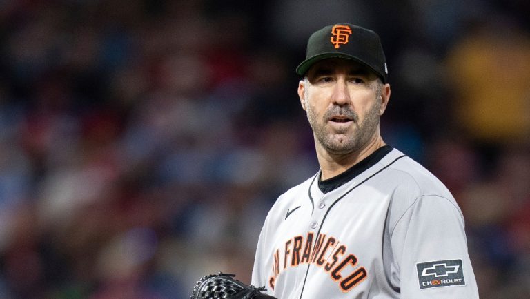 San Francisco Giants starting pitcher Justin Verlander looks on during the baseball game against the Philadelphia Phillies, Tuesday, April 15, 2025, in Philadelphia. (AP Photo/Chris Szagola)