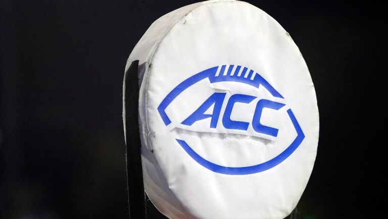 FILE - The ACC logo sits atop the chain marker during the second half of an NCAA college football game between Duke and North Carolina A&T in Durham, N.C., Saturday, Sept. 7, 2019. (AP Photo/Karl B DeBlaker, File)