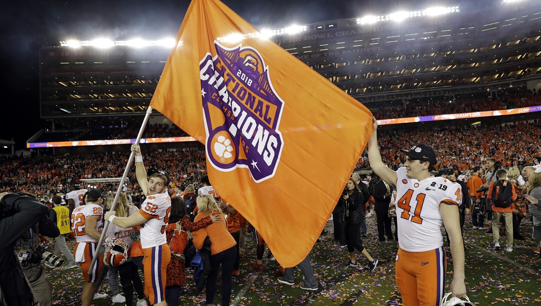 In this Jan. 7, 2019, file photo, Clemson players celebrate after they Alabama 44-16 in the NCAA college football playoff championship game in Santa Clara, Calif. Clemson beat. Clemson's most recent national championship football team also met the mark in the classroom. On Tuesday, May 12, 2020, the Tigers' 2018 football team was one of 10 national champs to earn recognition from the NCAA for their Academic Progress Rate scores.