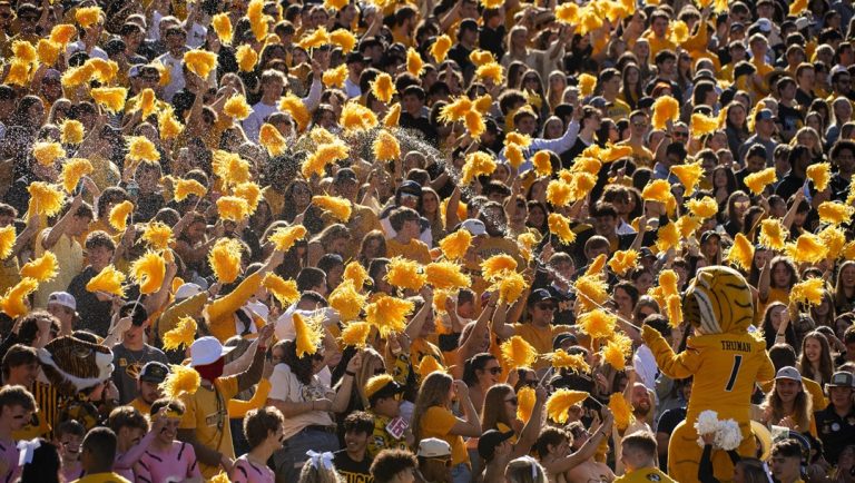 The Missouri mascot sprays the crowd before an NCAA college football game against Auburn Saturday, Oct. 19, 2024, in Columbia, Mo.