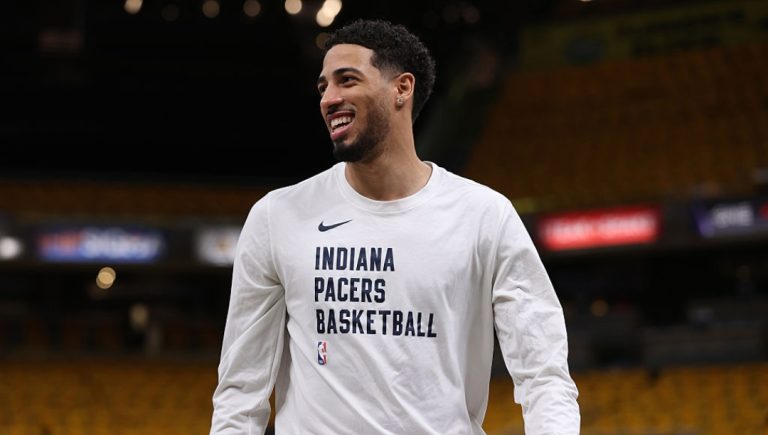 INDIANAPOLIS, IN - MAY 9: Tyrese Haliburton #0 of the Indiana Pacers smiles before the game against the Cleveland Cavaliers during Round 2 Game 3 on May 9, 2025 at Gainbridge Fieldhouse in Indianapolis, Indiana. NOTE TO USER: User expressly acknowledges and agrees that, by downloading and or using this Photograph, user is consenting to the terms and conditions of the Getty Images License Agreement. Mandatory Copyright Notice: Copyright 2025 NBAE