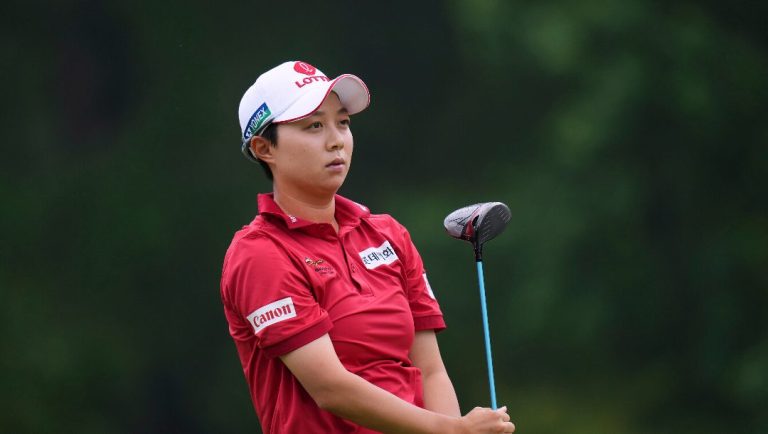 Hyo Joo Kim, of South Korea, watches after hitting on the tenth hole during the second round of the Chevron Championship LPGA golf tournament Friday, April 25, 2025, in The Woodlands, Texas.