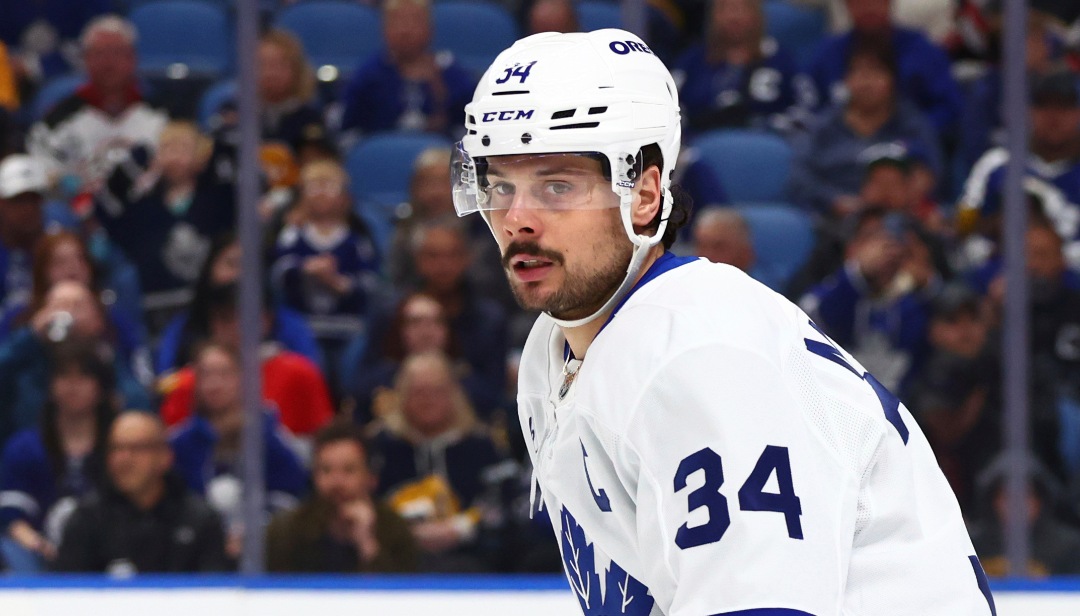 Toronto Maple Leafs center Auston Matthews (34) skates during the second period of an NHL hockey game against the Buffalo Sabres Tuesday, April 15, 2025, in Buffalo, N.Y. (AP Photo/Jeffrey T. Barnes)