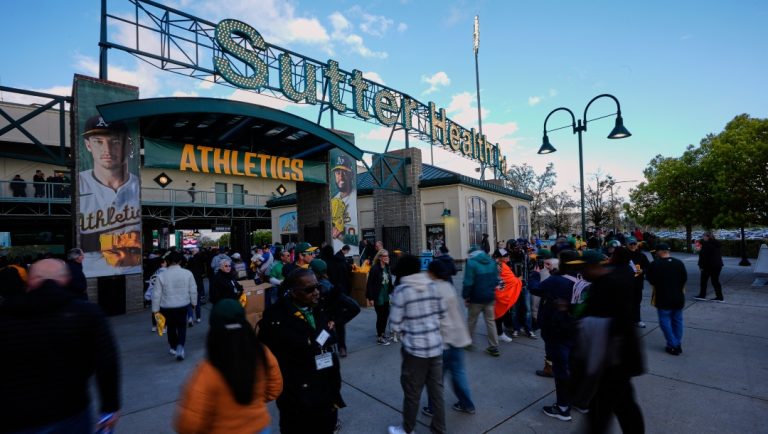 Fans arrive at Sutter Health Park for a baseball game between the Athletics and the Chicago Cubs, Monday, March 31, 2025, in West Sacramento, Calif.