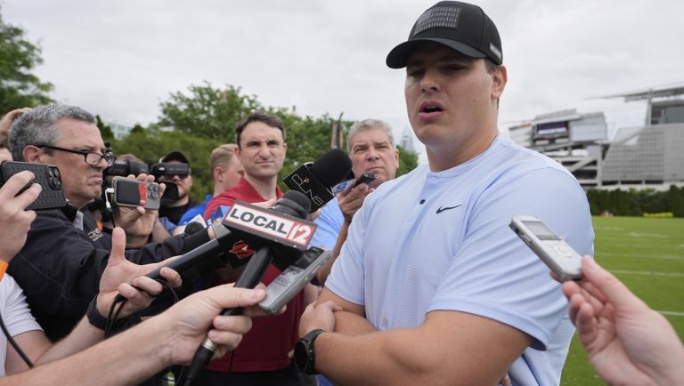 Cincinnati Bengals defensive end Trey Hendrickson speaks to media during NFL football practice on Tuesday, May 13, 2025, in Cincinnati.