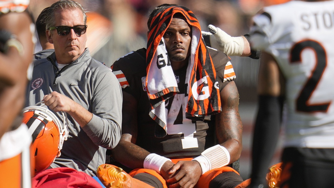 Cleveland Browns quarterback Deshaun Watson (4) is carted off the field after being injured in the first half of an NFL football game against the Cincinnati Bengals, Sunday, Oct. 20, 2024, in Cleveland.