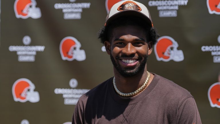 Cleveland Browns quarterback Shedeur Sanders (12) speaks at a news conference during the NFL football team's rookie minicamp in Berea, Ohio, Saturday, May 10, 2025.