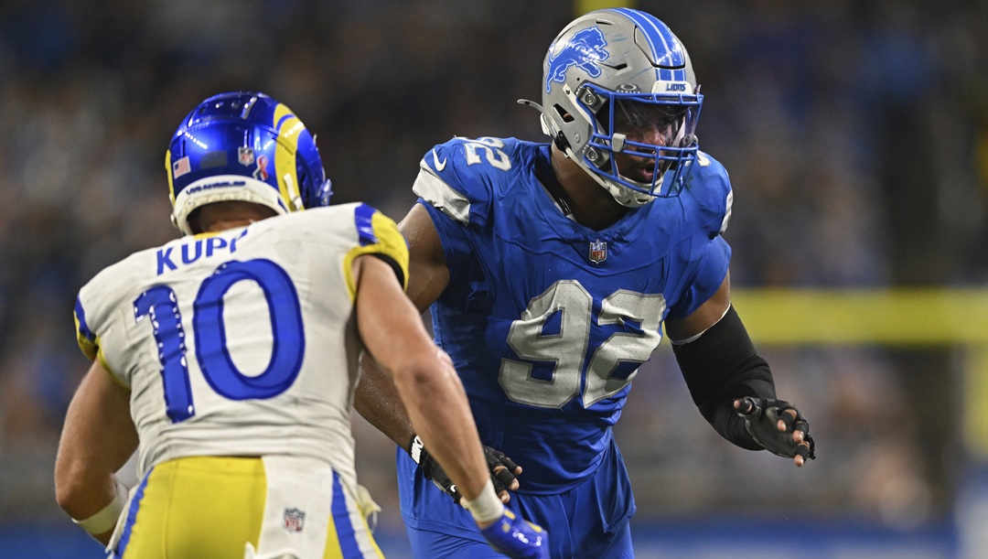 Detroit Lions defensive end Marcus Davenport (92) rushes during the second half of an NFL football game against the Los Angeles Rams, Sept. 8, 2024, in Detroit.