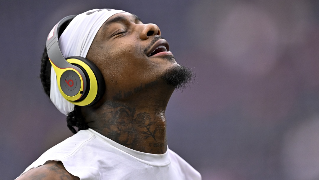 Houston Texans wide receiver Stefon Diggs wears beats headphones during warm up prior to an NFL football game against Indianapolis Colts, Sunday, Oct 27, 2024 in Houston. The Texans defeated the Colts 23-20.