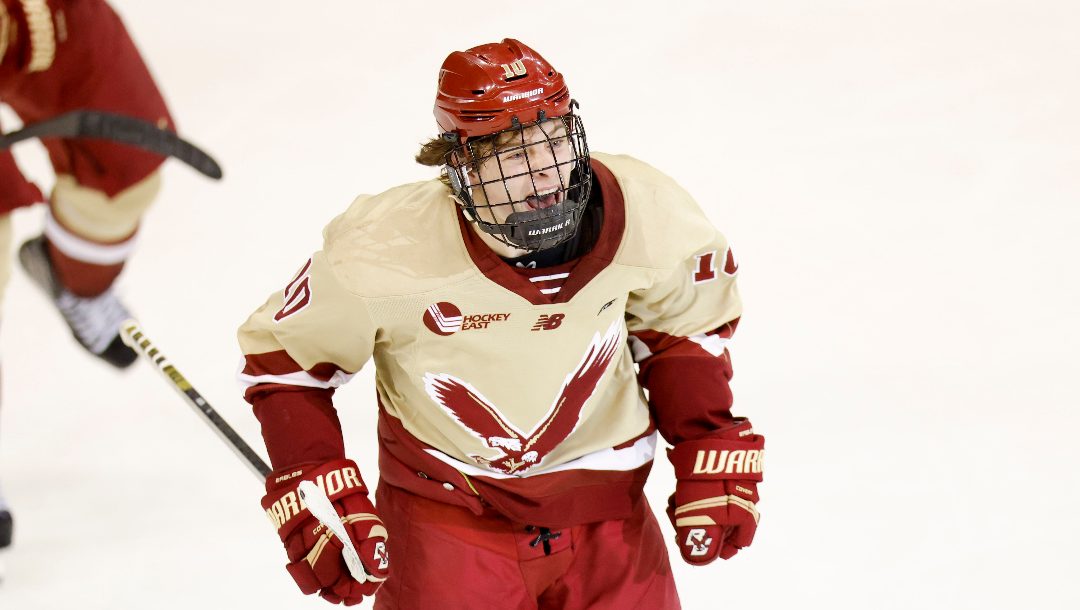 Boston College forward James Hagens (10) reacts after scoring a goal during the third period of an NCAA hockey regionals game against Bentley on Friday, March 28, 2025, in Manchester, N.H. Boston College won 3-1.