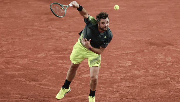 Switzerland's Stan Wawrinka serves against Russia's Pavel Kotov during their second round match of the French Open tennis tournament at the Roland Garros stadium in Paris, Wednesday, May 29, 2024.