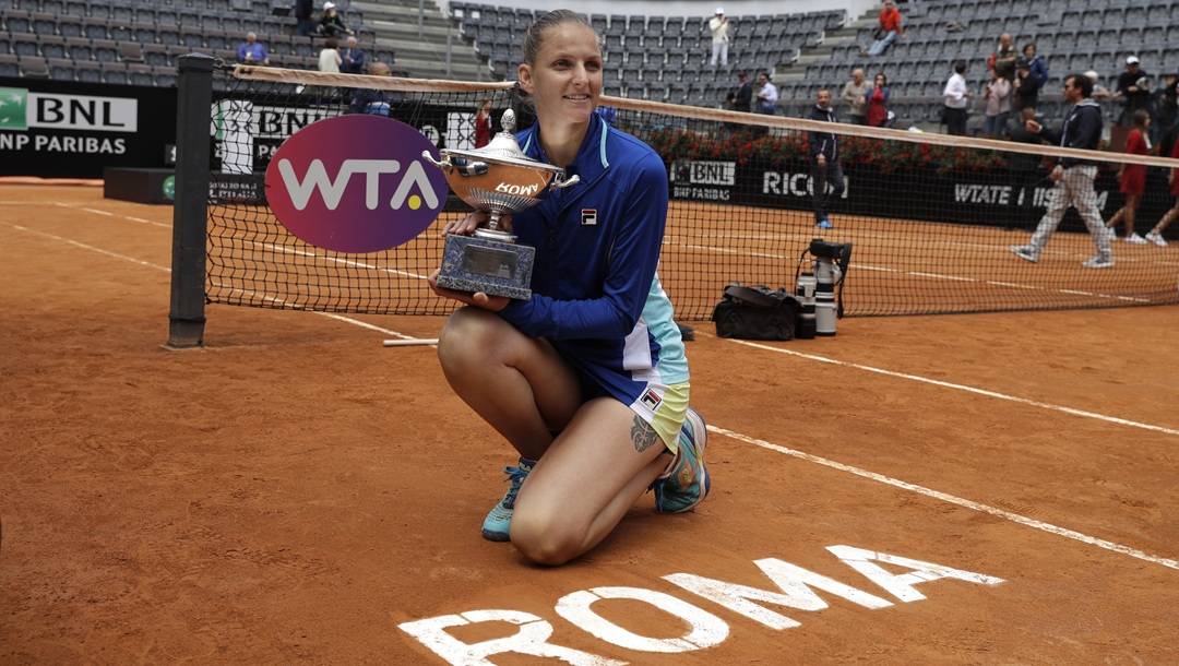 Karolina Pliskova, of the Czech Republic holds the trophy after winning the final match against Johanna Konta at the Italian Open tennis tournament, in Rome, Sunday, May 19, 2019. Karolina Pliskova captured the biggest clay-clay-court title of her career by beating Johanna Konta 6-3, 6-4 Sunday in the Italian Open final.