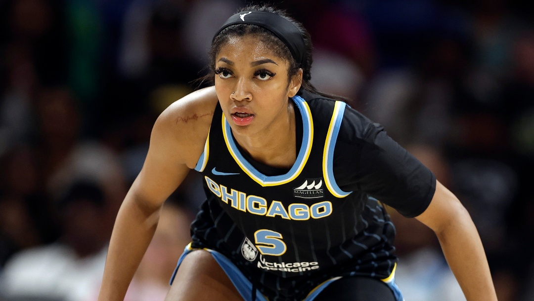 Chicago Sky forward Angel Reese (5) follows the play during a WNBA basketball game against the Dallas Wings, Wednesday, May 15, 2024, in Arlington, Texas.
