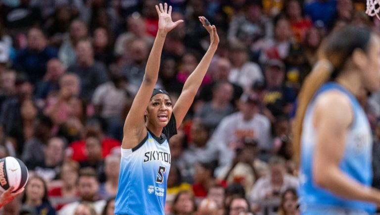 Chicago Sky forward Angel Reese (5) reacts after being called for a foul during a WNBA basketball game against the Indiana Fever Saturday, June 1, 2024, in Indianapolis.