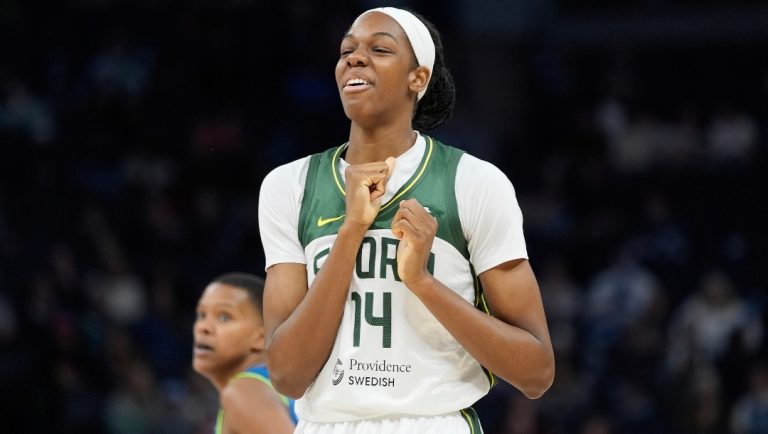 Seattle Storm center Dominique Malonga (14) reacts after missing a shot during the second half of a WNBA basketball game against the Minnesota Lynx, Tuesday, May 27, 2025, in Minneapolis.