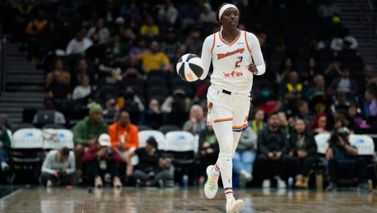 Phoenix Mercury guard Kahleah Copper moves the ball against the Seattle Storm during a WNBA basketball game, Tuesday, June 4, 2024, in Seattle. The Storm won 80-62.