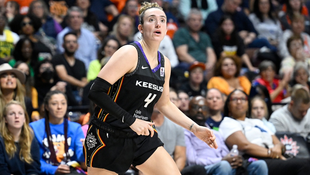 Connecticut Sun guard Marina Mabrey (4) plays during the second half of a WNBA basketball semifinal game, on Oct. 4, 2024, in Uncasville, Conn.