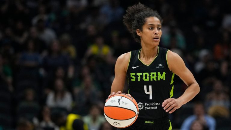 Seattle Storm guard Skylar Diggins in action against the New York Liberty during the first half of a WNBA basketball game Friday, Aug. 30, 2024, in Seattle.