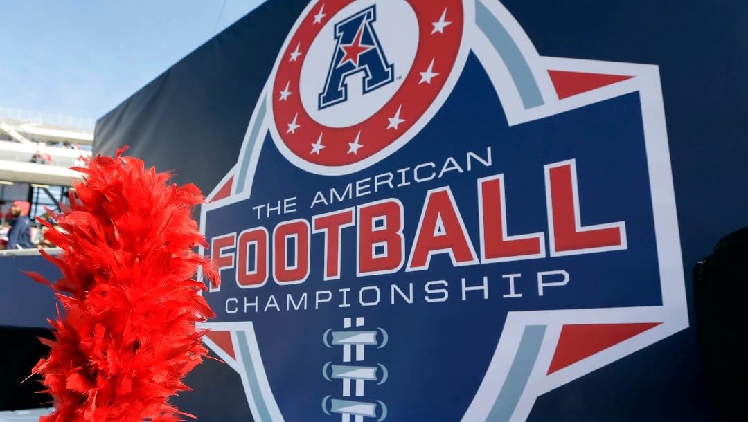 FILE - In this Dec. 5, 2015, file photo, the American Athletic Conference logo is displayed before during the championship NCAA college football game between Houston and Temple in Houston. (