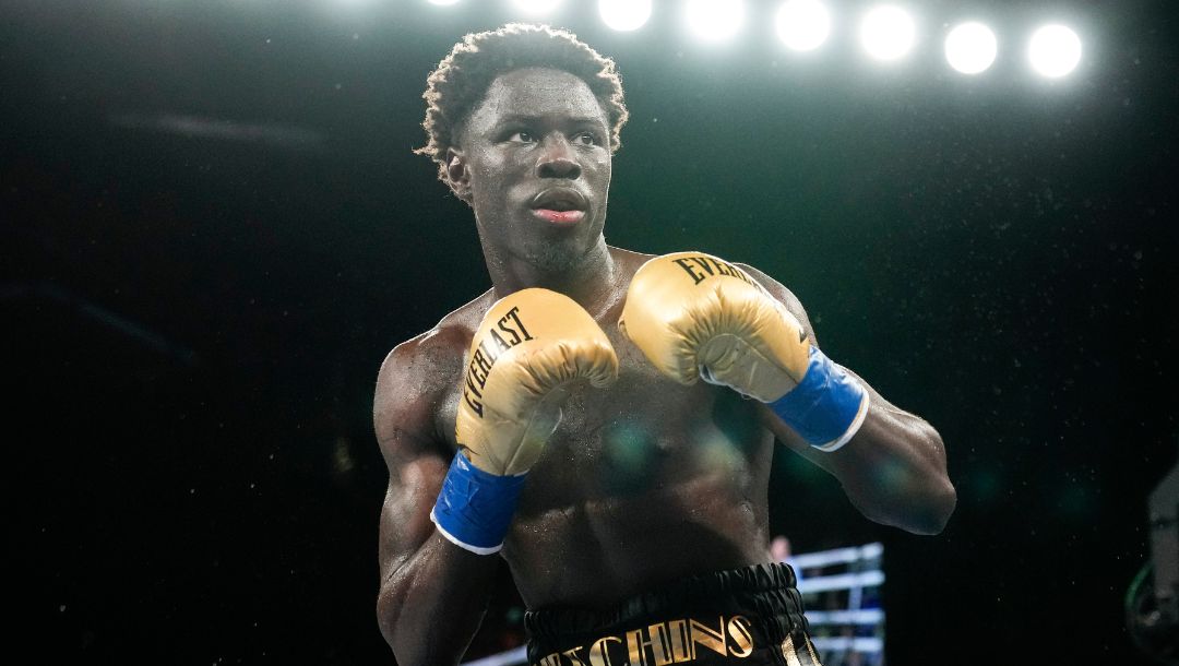 Richardson Hitchins fights John Bauza during the fifth round of a super lightweight championship boxing bout Saturday, Feb. 4.